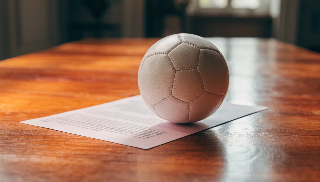 Uma bola de futebol pousada sobre um talão de apostas em branco numa mesa de madeira, à luz do dia